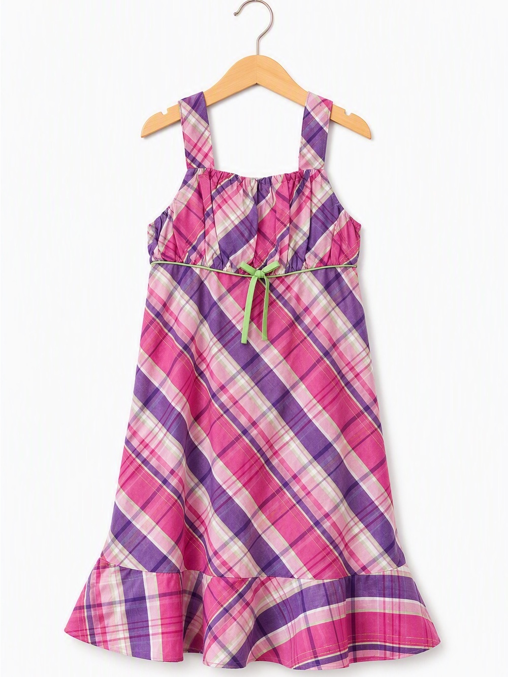 Vintage Y2K Youngland Neon Plaid Bias Cut Lime Bow Sun Dress 12Y Magenta Purple